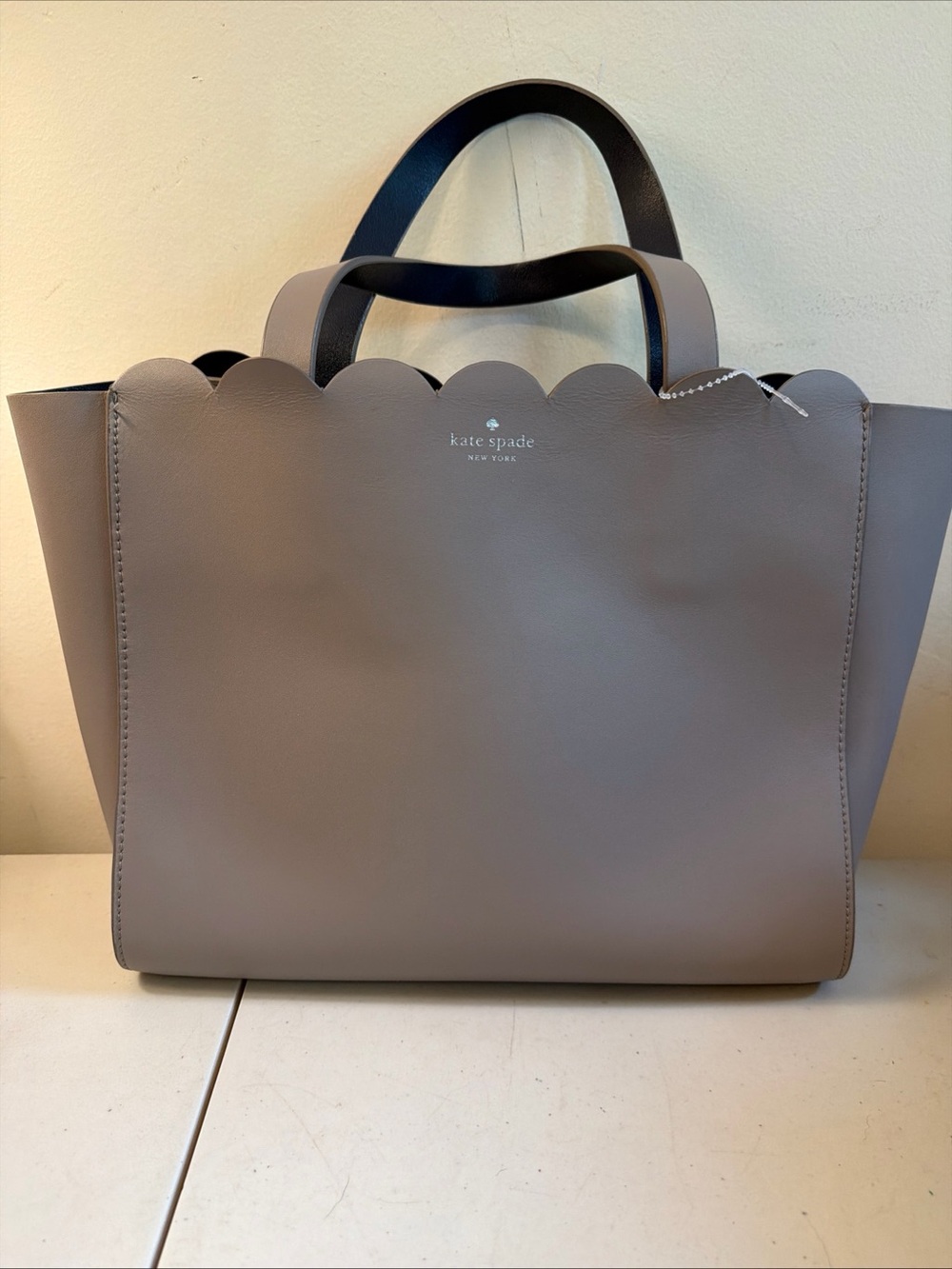 kate spade Taupe Scallop-Trim Tote with Black Handles